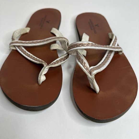 American Eagle Outfitters AEO Leather Flat Strappy White Bronze Sandals Womans 8 - Picture 1 of 6